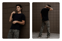 two pictures of a man leaning against a brick wall