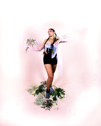 a woman posing with a bunch of flowers on a white background