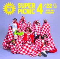 a group of people posing in blankets with the words super picnic 4