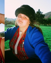 two pictures of a woman wearing a hat