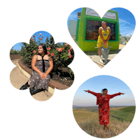 four pictures of a woman posing in front of a flower