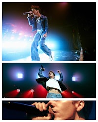 four pictures of a man singing into a microphone